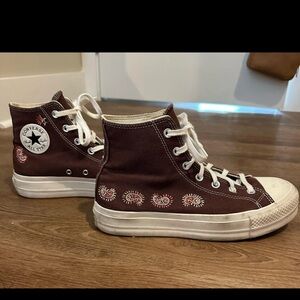 Converse High Top Sneakers - Brown with White Trim and Pink Embroidery